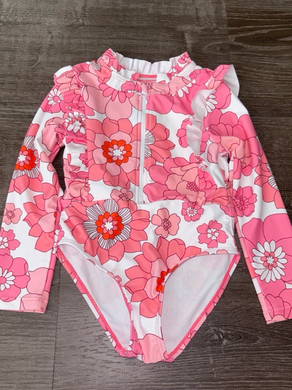 SHEIN Pink Floral Long-Sleeve One-Piece Swimsuit for Kids
